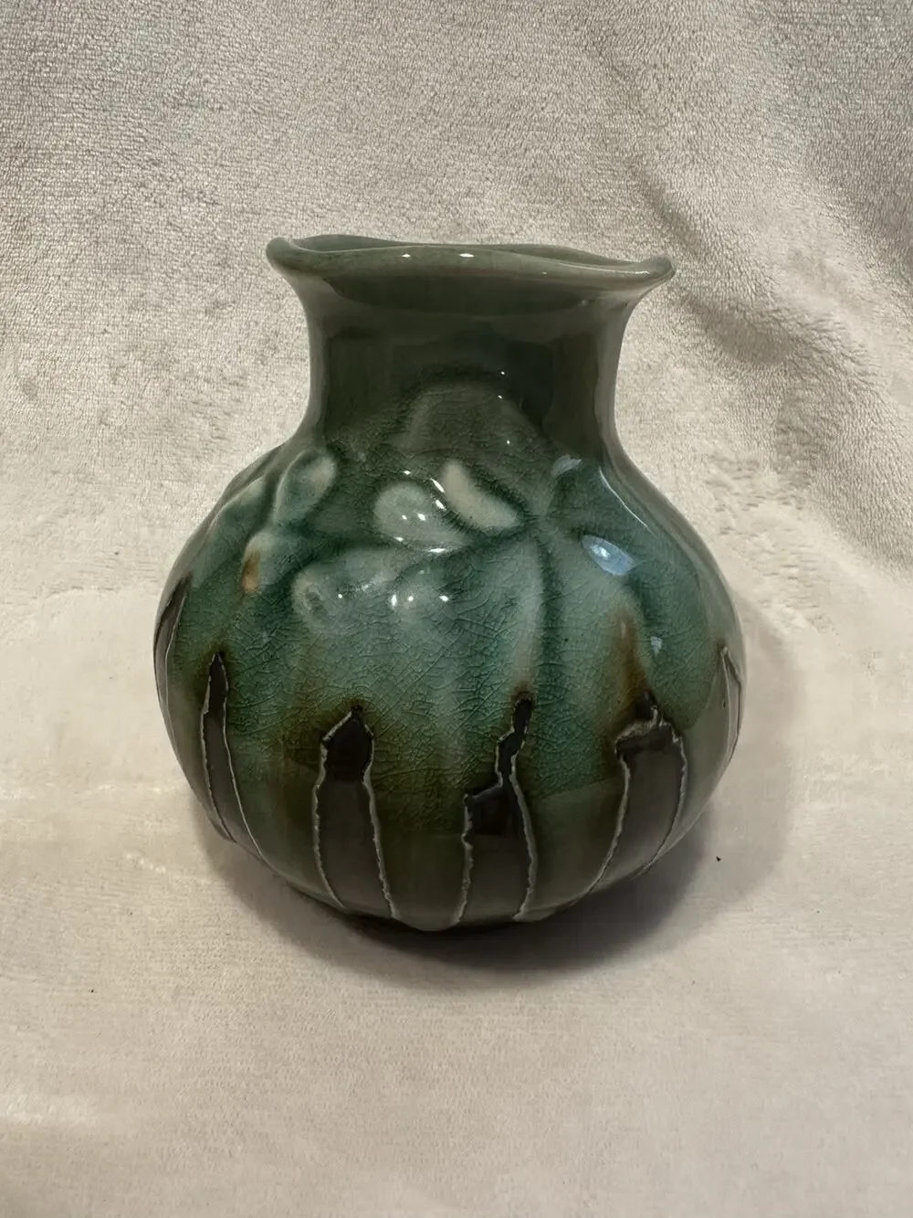 Handcrafted pottery vase green Brown crackle dripping glaze Decor Boho Retro